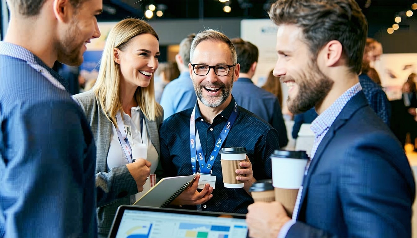 The image depicts a vibrant professional networking event focused on longterm care insurance In the foreground a diverse group of engaged professionals both men and women are animatedly discussing strategies while holding coffee cups and notepads The-1